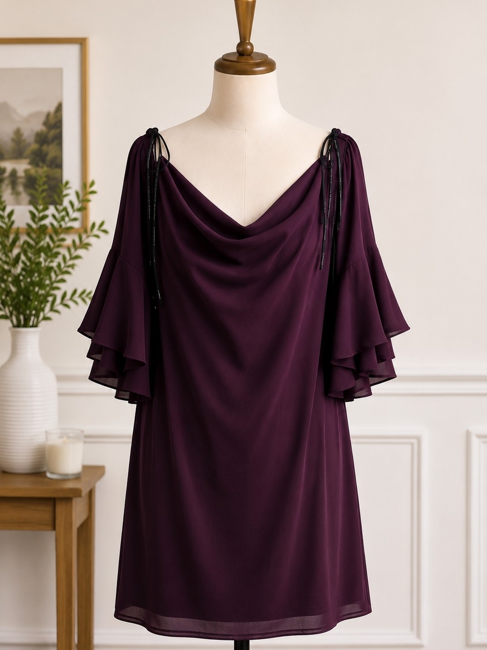 Calvin Klein Plum Flutter Sleeve Cocktail Dress | Elegant Party Wedding Guest Dr